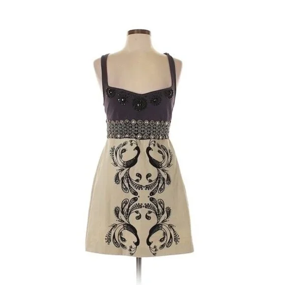 Vintage Y2K Free People Empire Waist Beaded Velvet Peacock A-Line Mini Dress - Picture 10 of 14